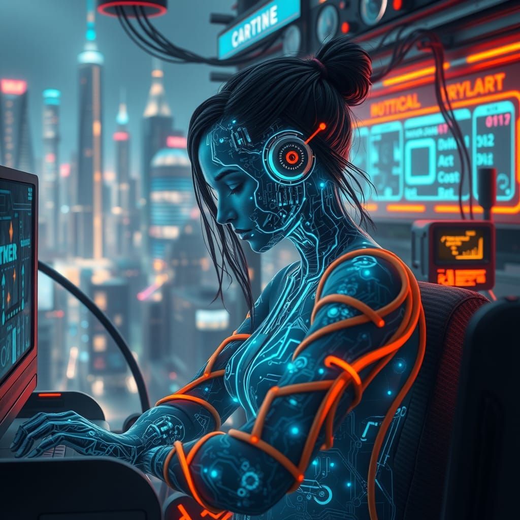 Futuristic Computer Woman in Neon Metropolis