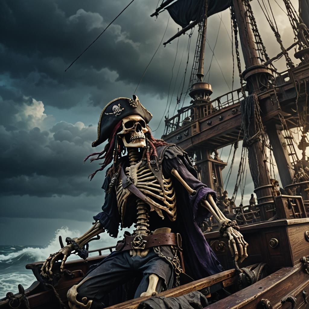 Pirate Skeleton Captain Navigates Stormy Seas