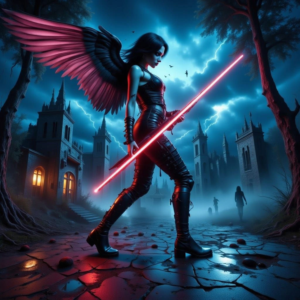 Gothic Cyberpunk Angel Girl with Laser Sword Flies Over Anci...
