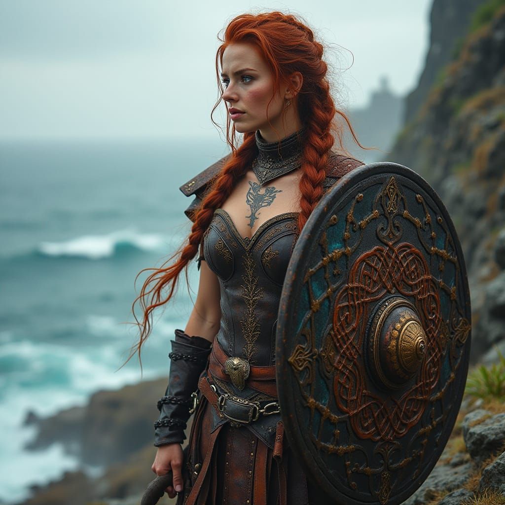 Celtic Shieldmaiden on Windswept Cliff in Detailed Style