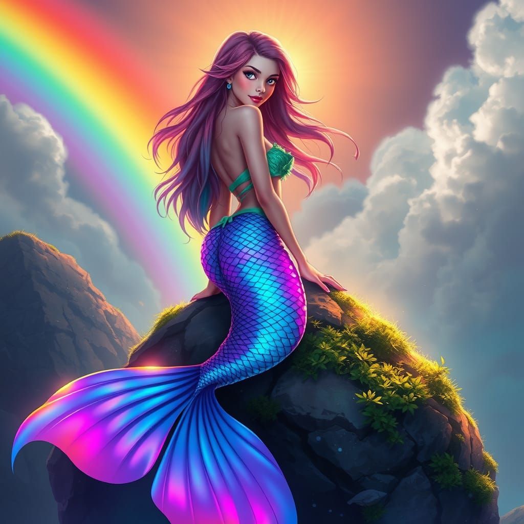 Iridescent Mermaid with Rainbow Hair and Neon Tail