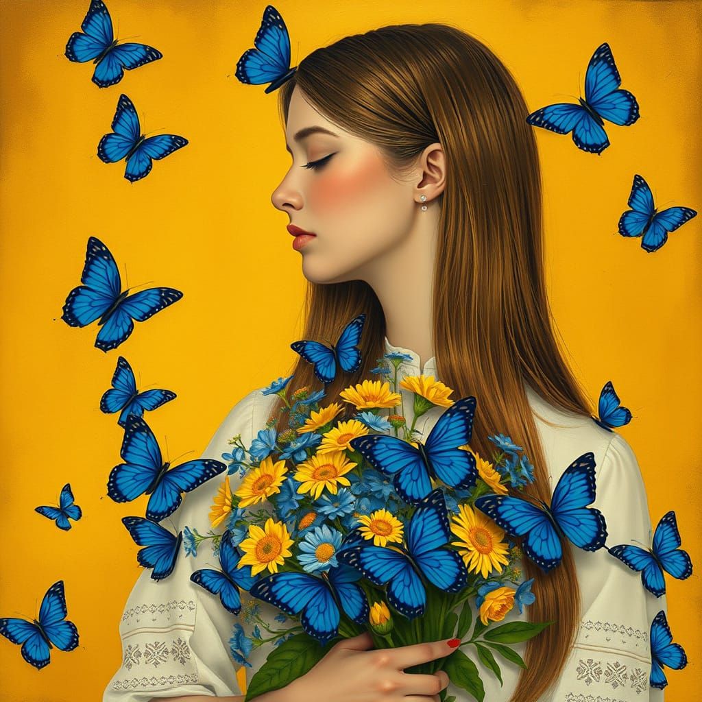 Woman with Flowers and Butterflies in Art Nouveau Style