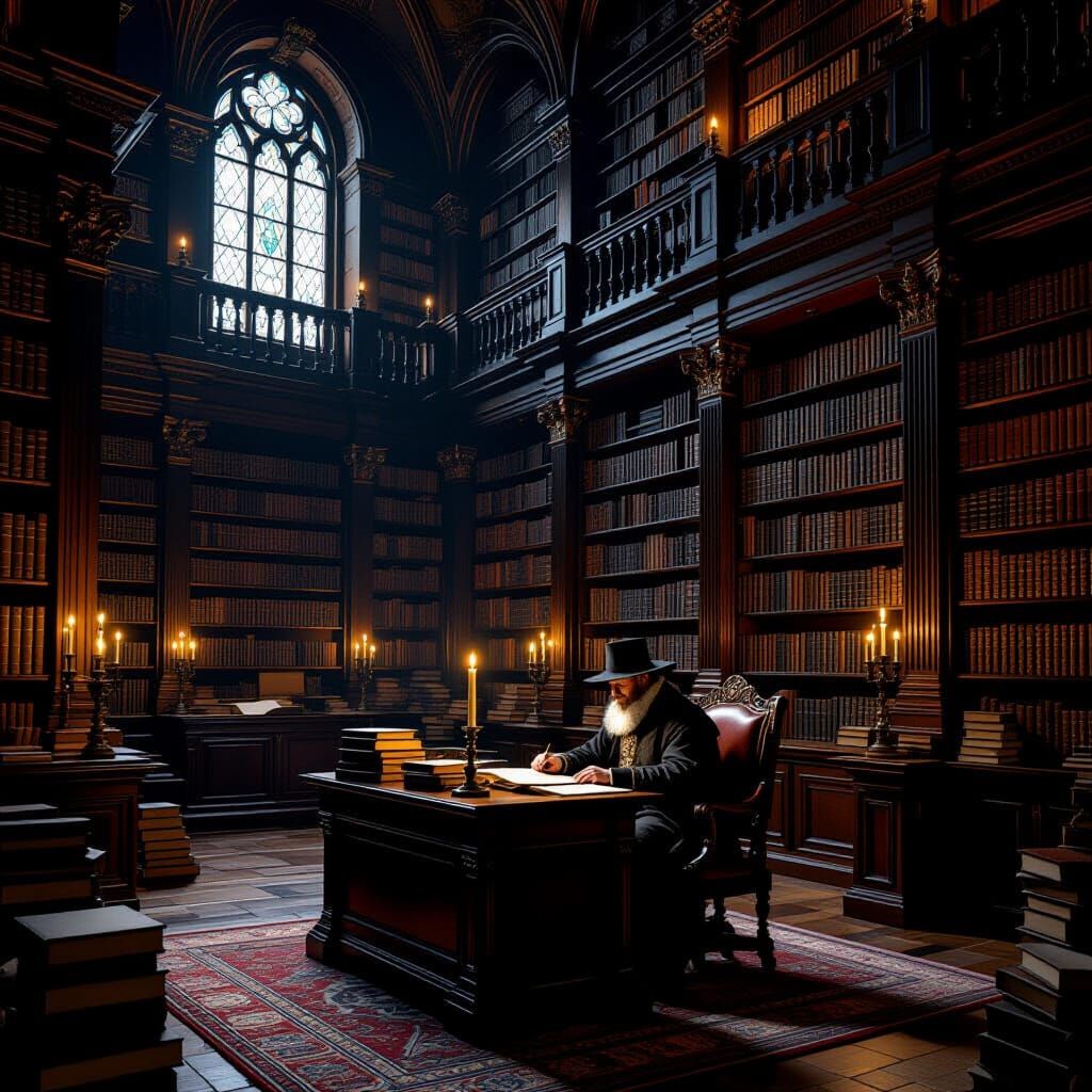 Scholar in Library, Rembrandt Lighting Style