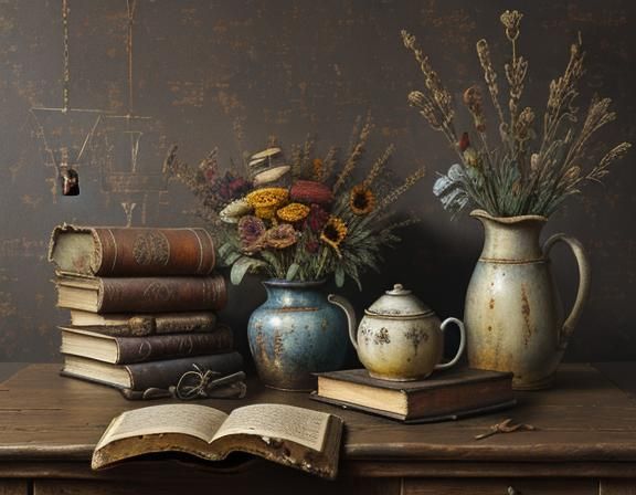 Rustic Still Life Oil Painting with Antiques