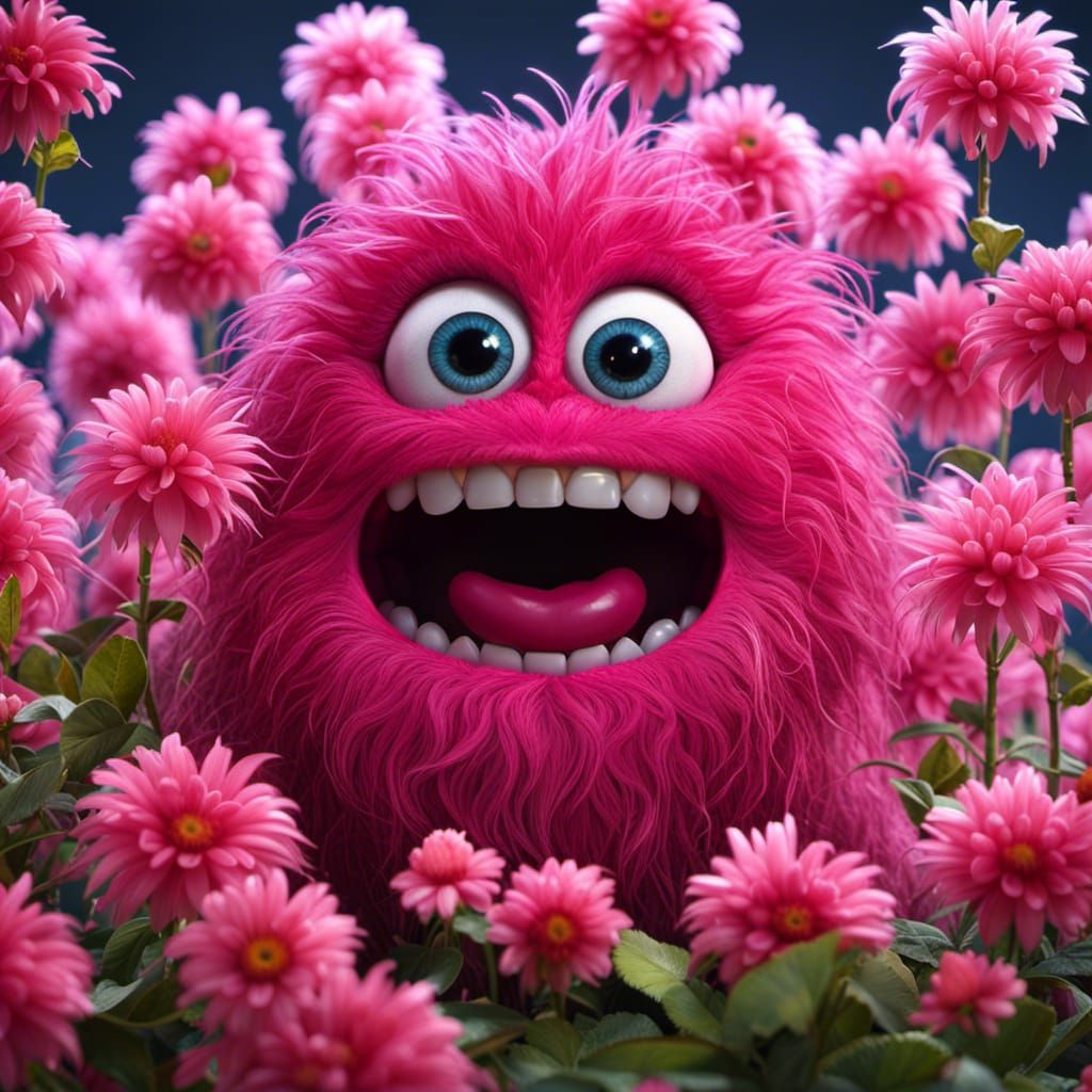 Adorable Pink Furry Monster Surrounded by Flowers