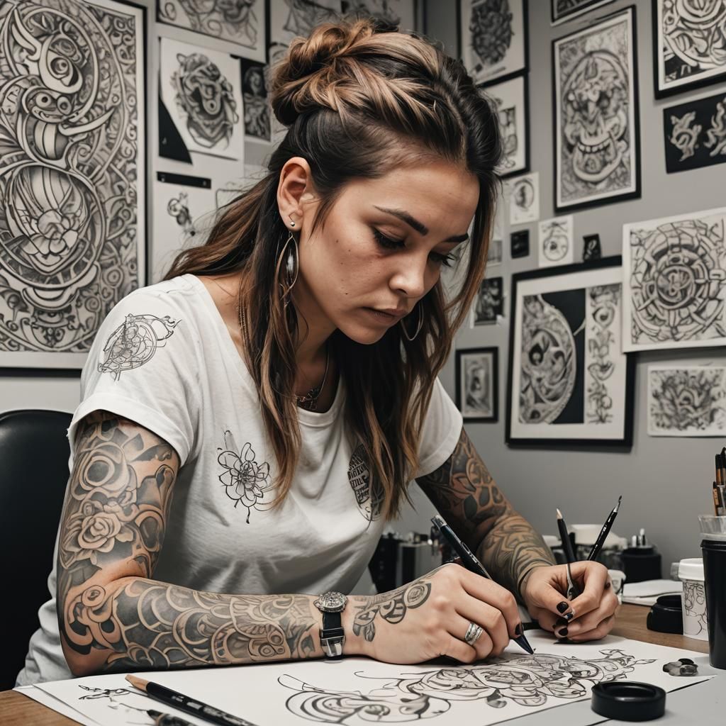 Tattoo Artist Sketching Tattoo Design With Abstract Art
