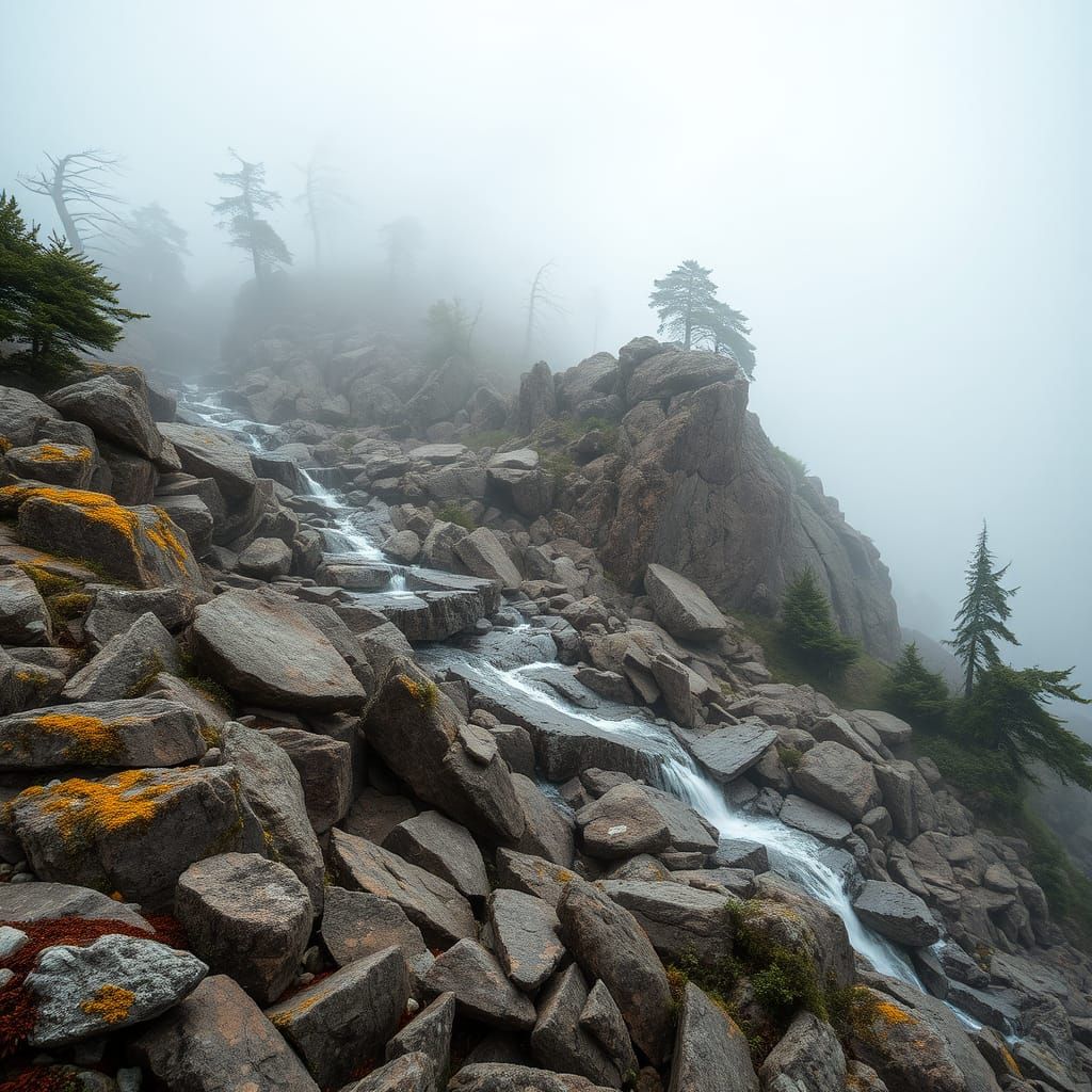 Misty Mountainside with Windswept Trees