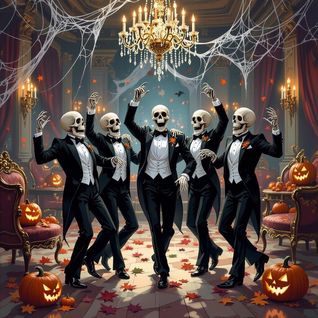 Skeletons Celebrate Halloween in Tuxedos at a Ballroom Gala