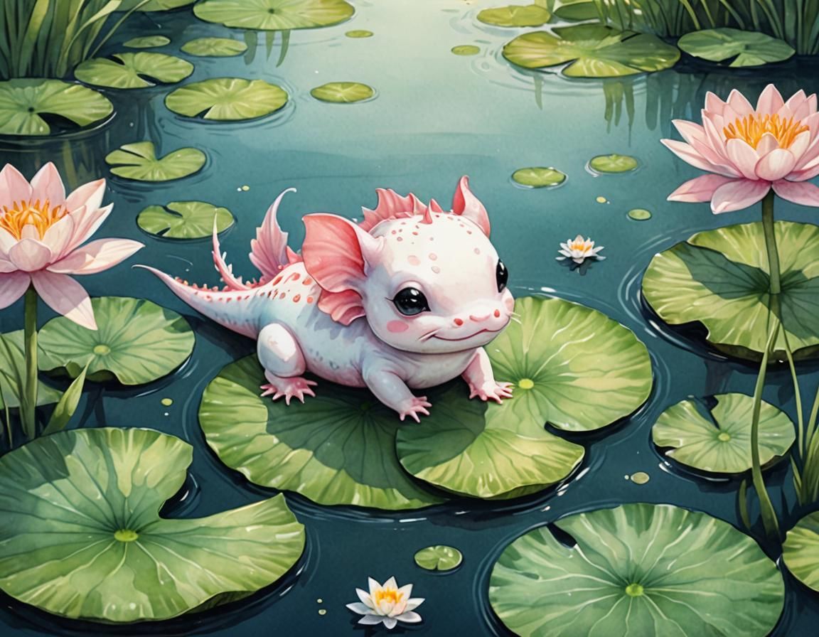 Chibi Axolotl on Lily Pad: Watercolor Illustration