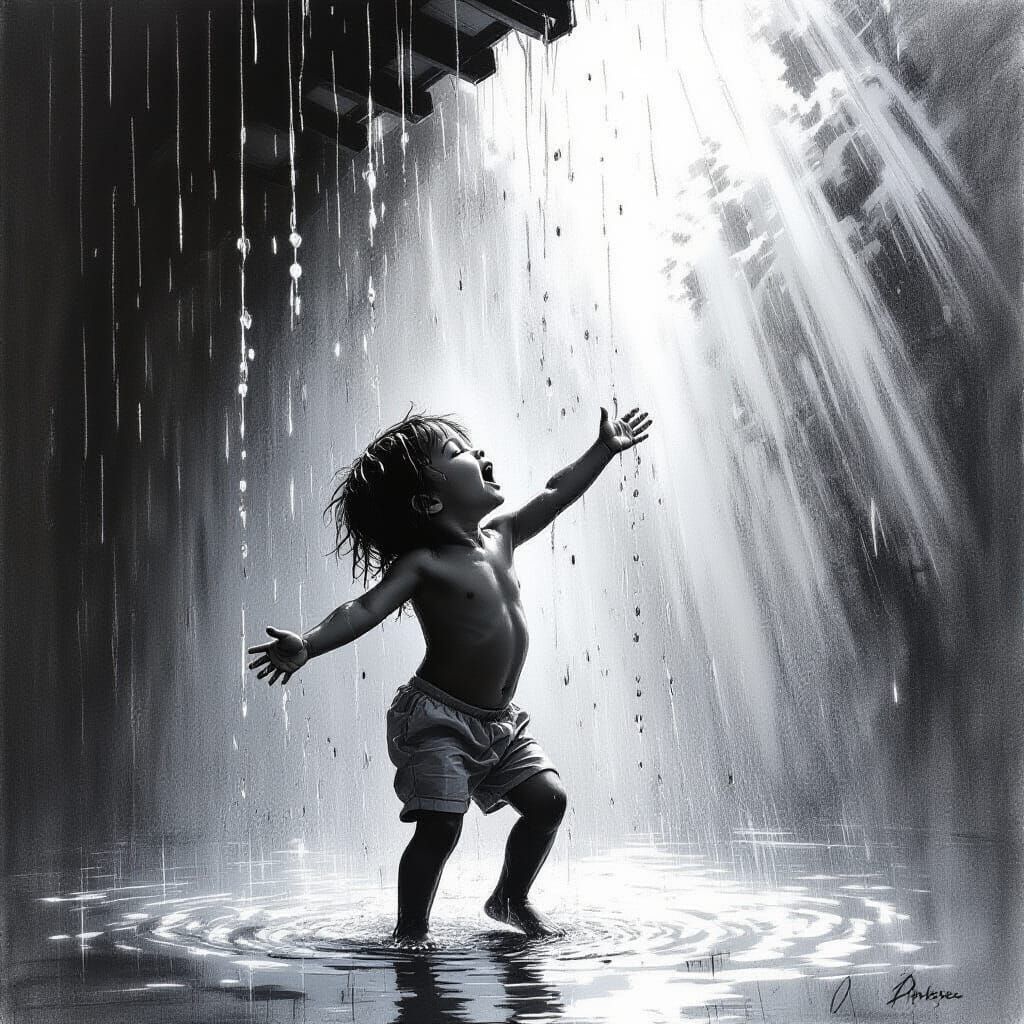 Happy Child Dancing in Summer Rain: Charcoal Drawing
