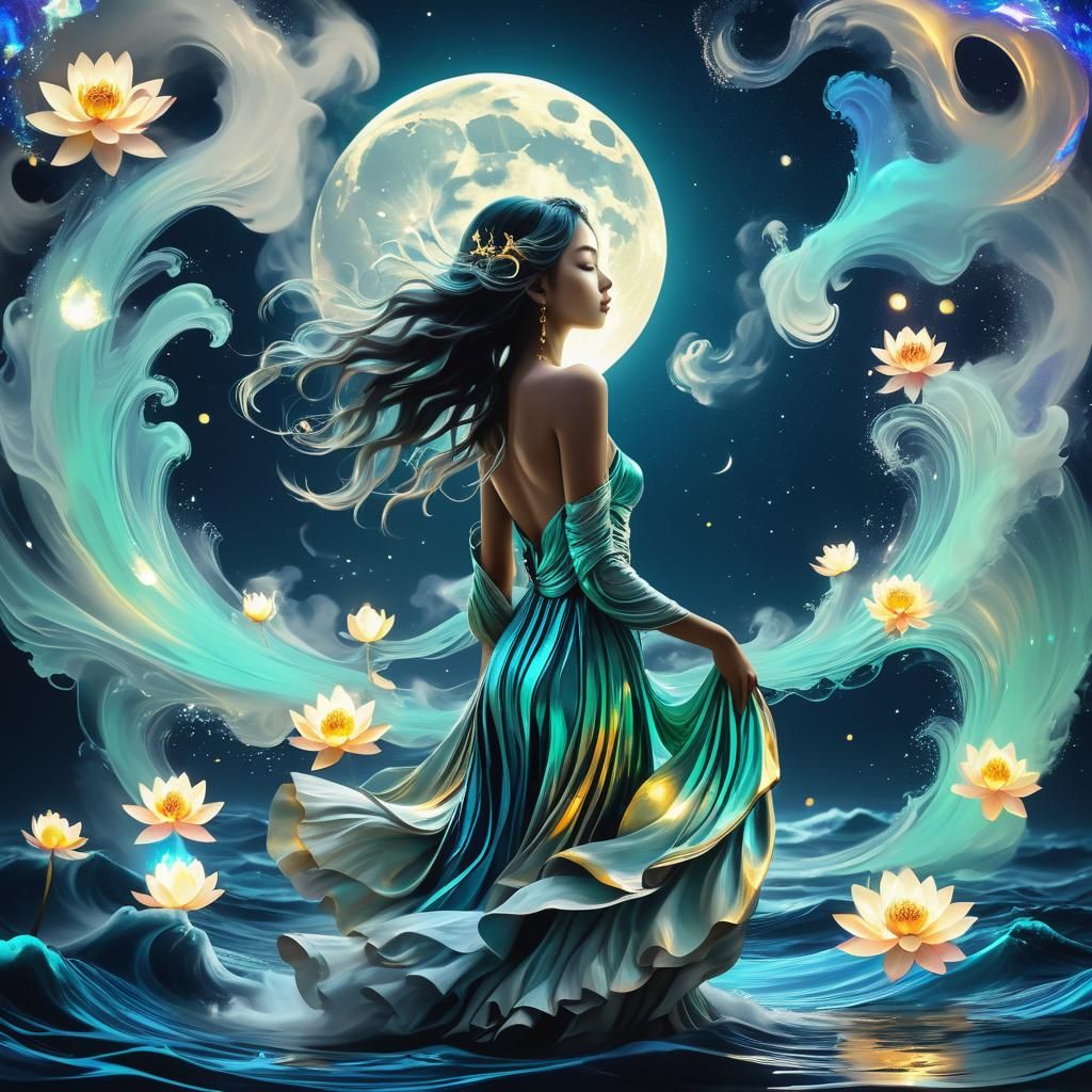 Luminescent Moon Goddess in Glitch Art Style