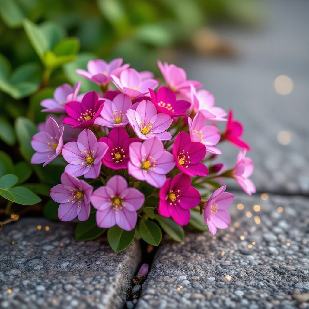 Small cluster of flowers growing in a crack of a gray concre...