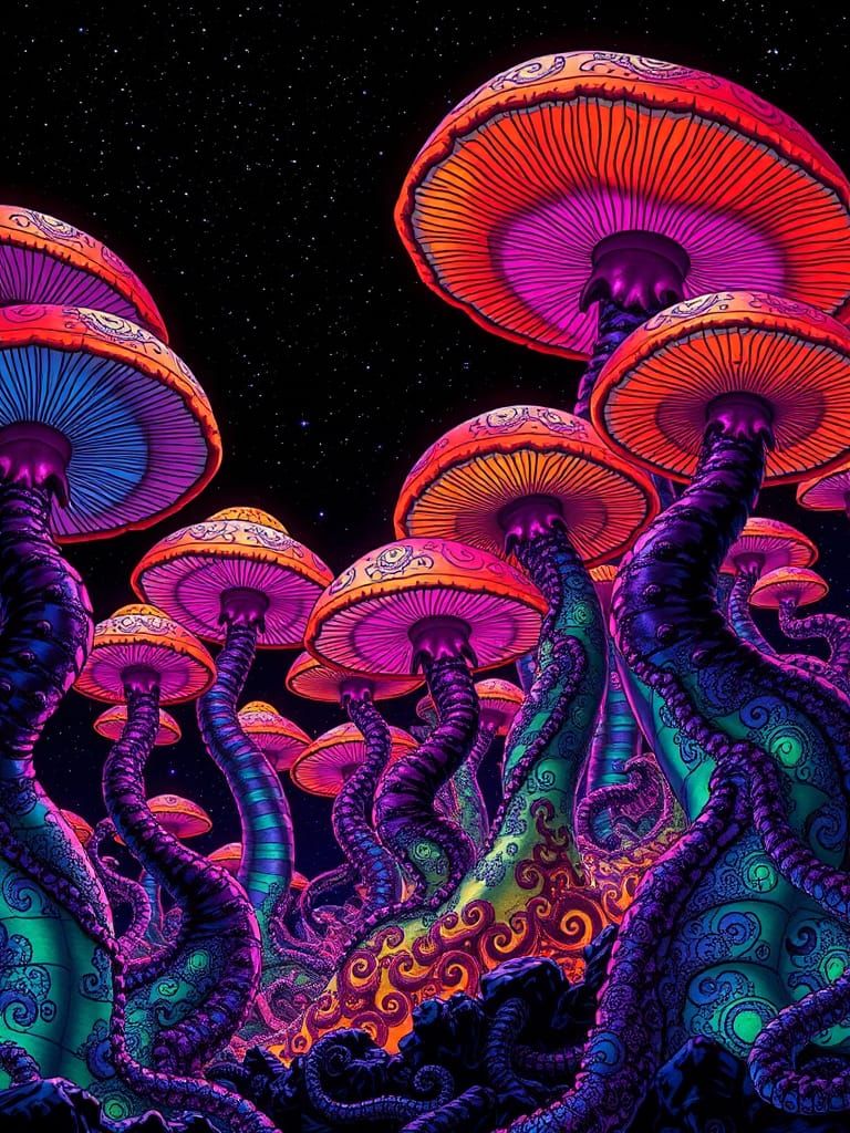 Cosmic Mushroom Creatures in Bioluminescent Neon
