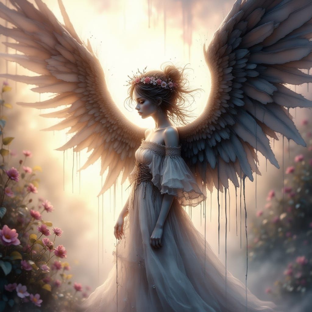 Fractured Angel Confronts Shadow in 3D Digital Art