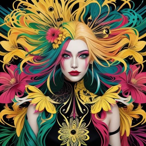 Abstract Expressionist Dragon Peacock Woman with Flowers