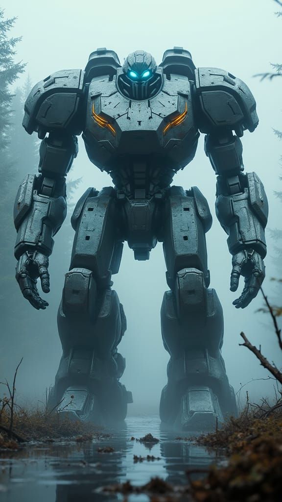 Colossal Mech Warrior Emerges from Misty Swamp