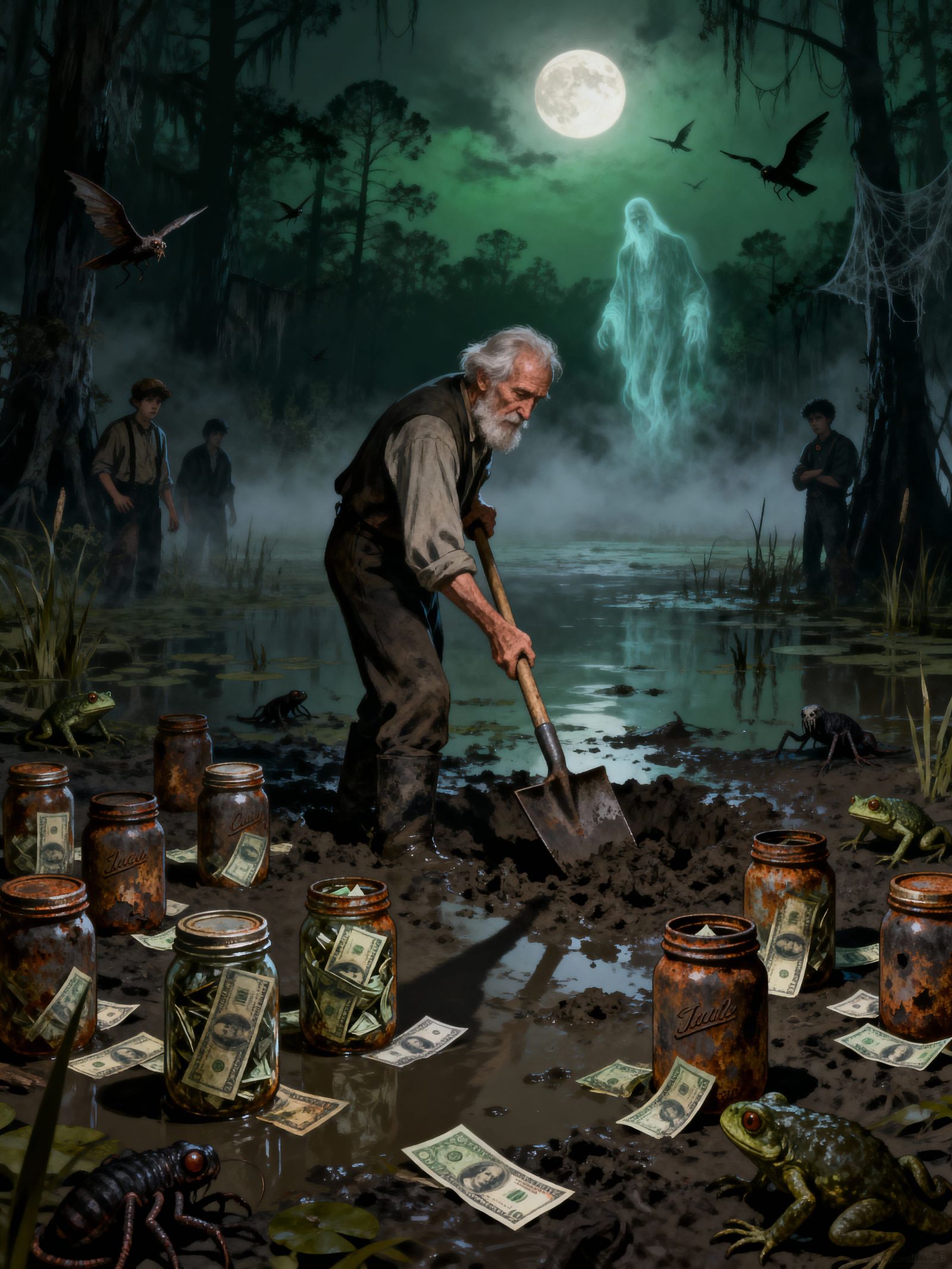 Ghostly Figure Haunts Mysterious Wooley Swamp at Night