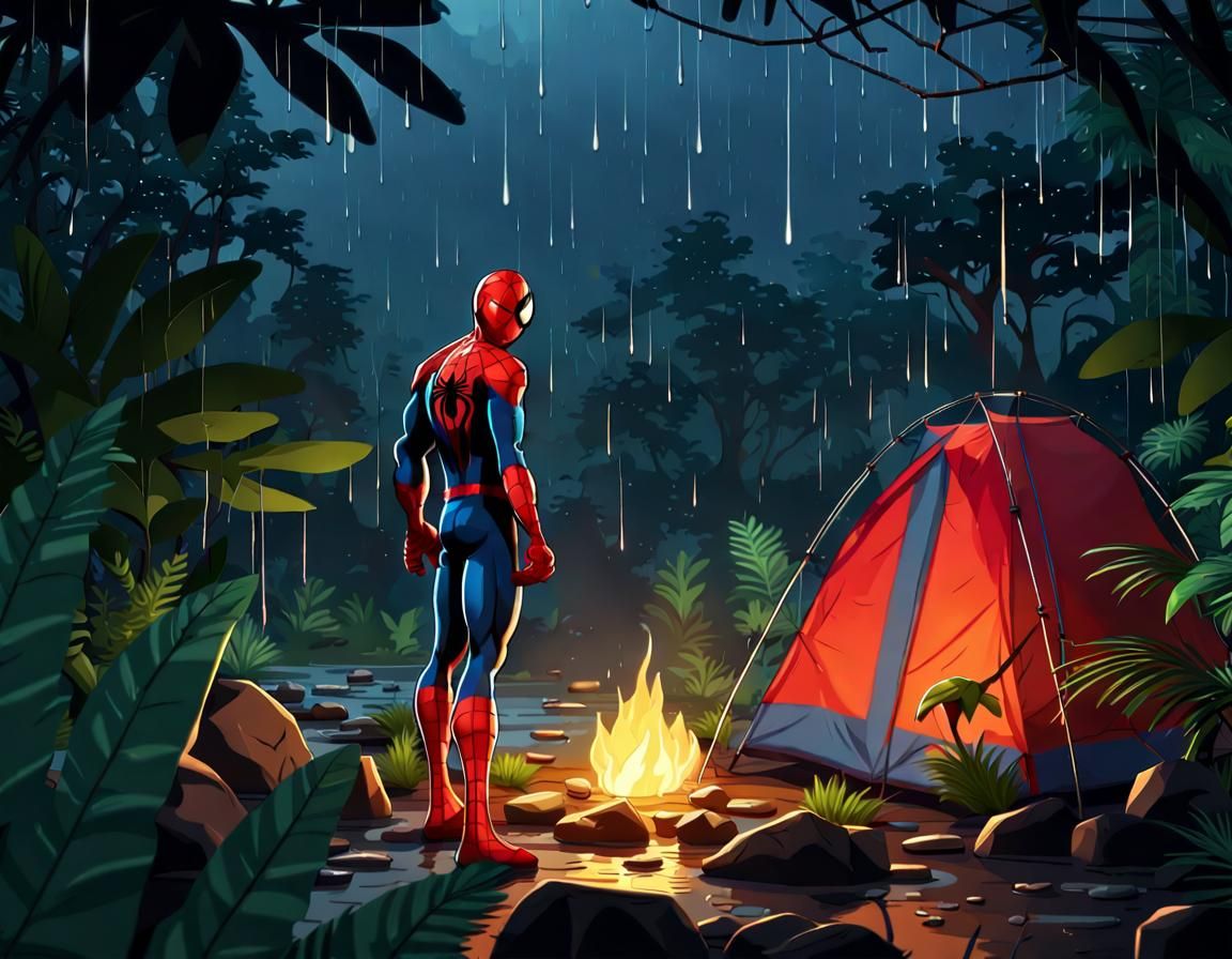 Spiderman Camping in Rainy Jungle Night