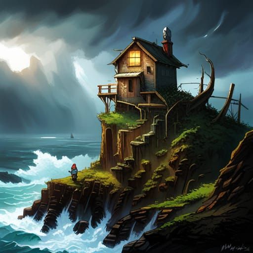 Gnome House Overlooking Stormy Ocean in Comic Book Style