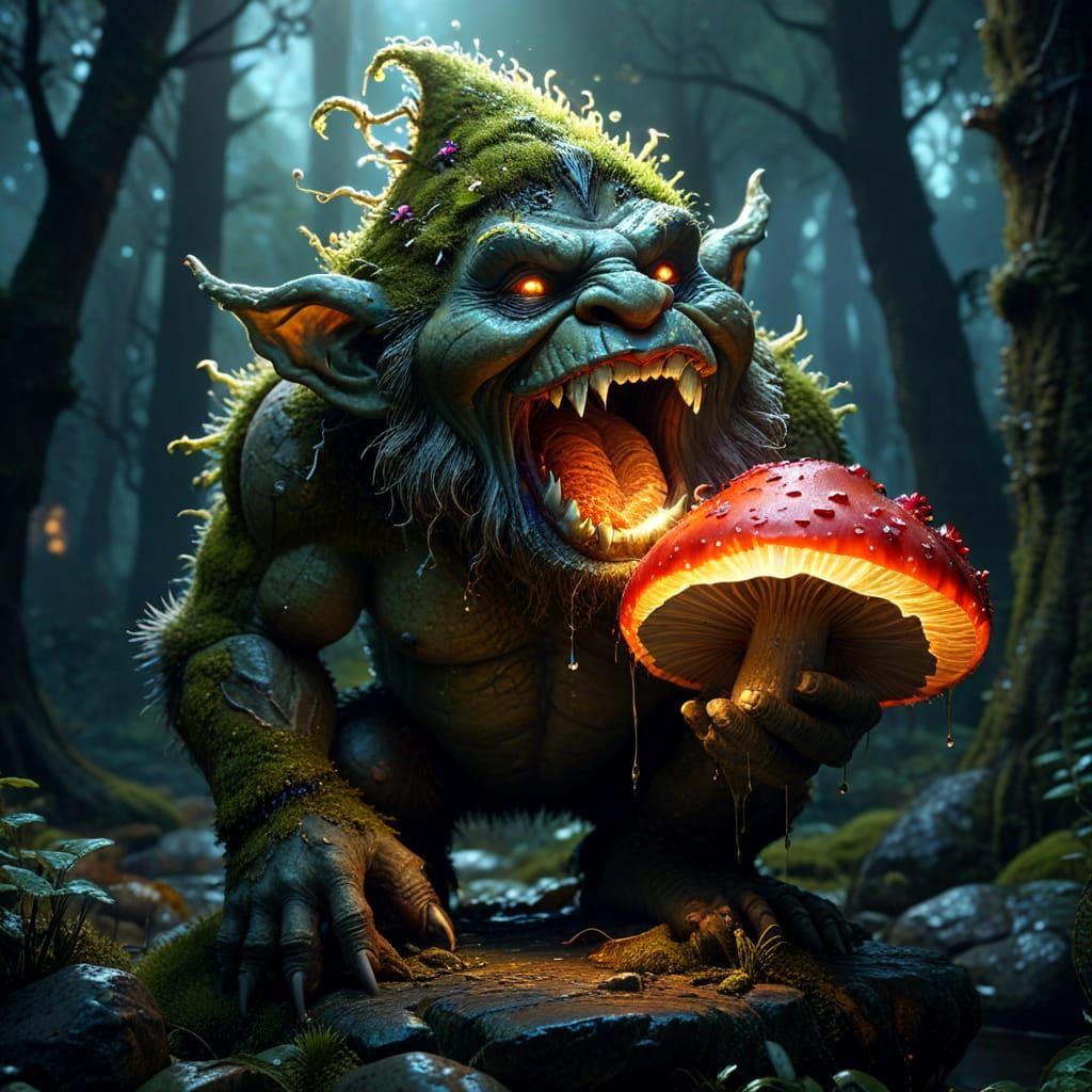 Moss Troll Eating Glowing Mushroom Concept Art