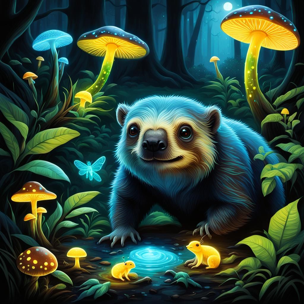 Bioluminescent Rainforest with Glowing Flora and Fauna