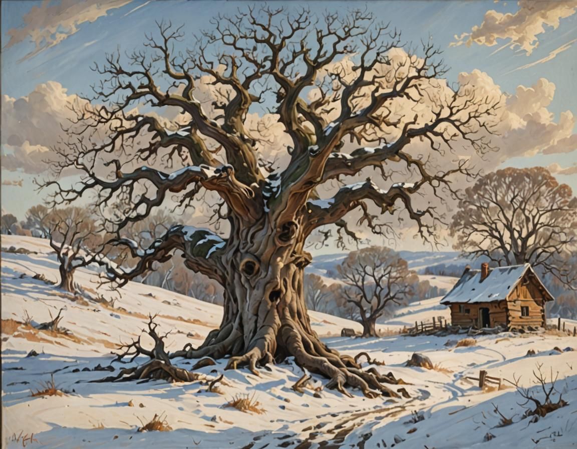 Oak Tree in Snowy Landscape, Oil Painting Style