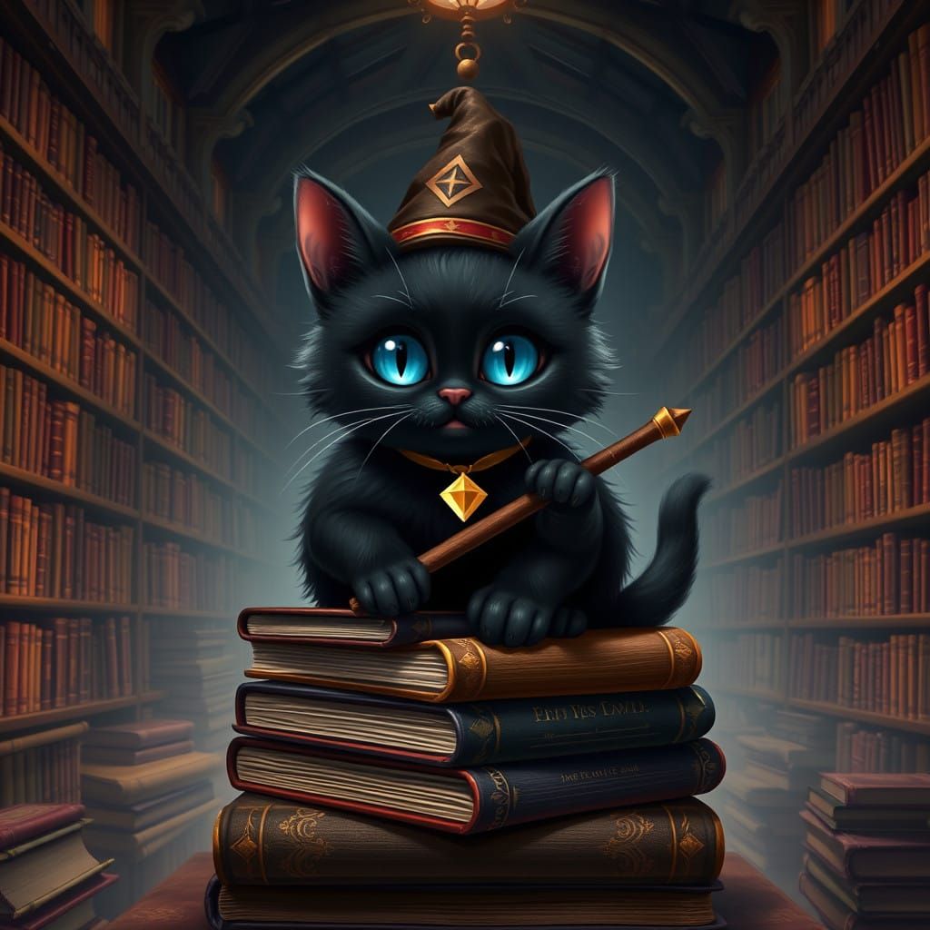 Whimsical Black Cat Witch Conjured in a Library of Ancient T...