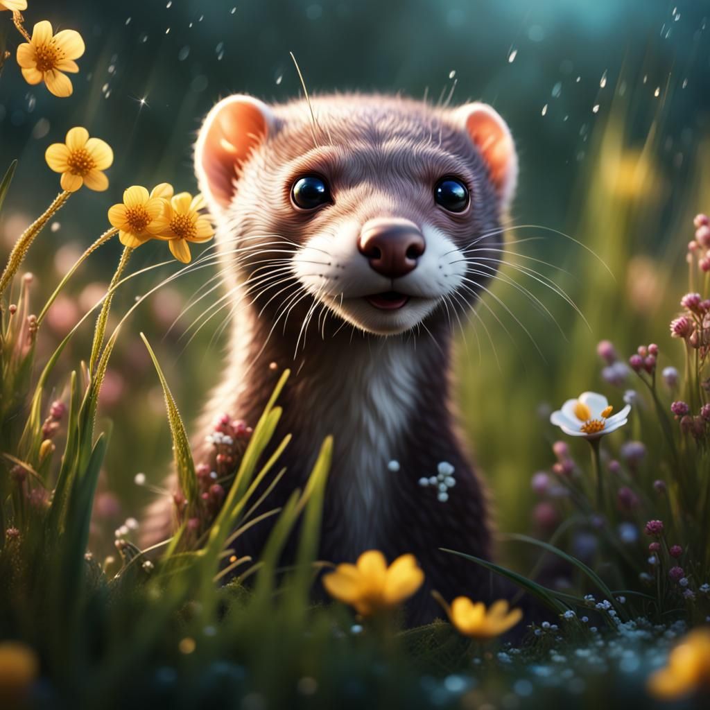 Weasel Among Flowers: Close-Up Photography Artwork