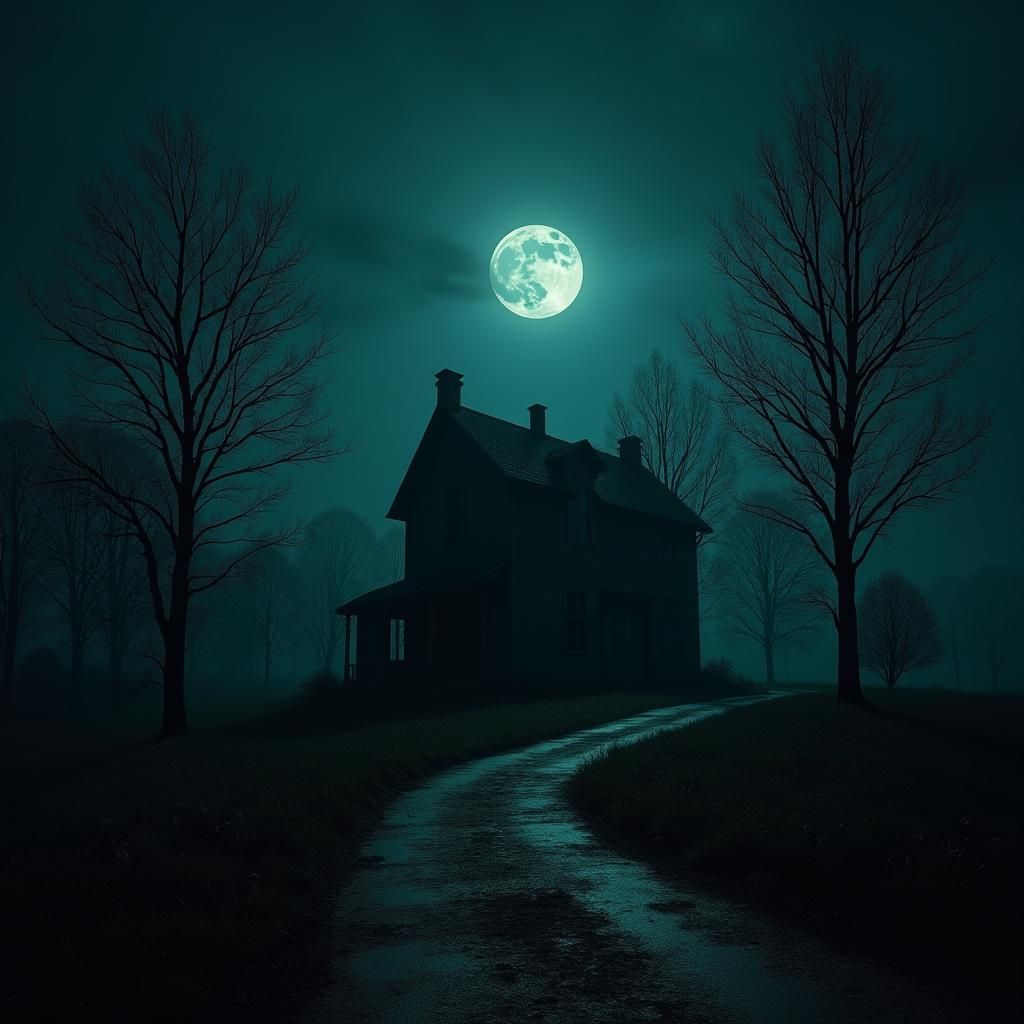 Eerie Old House in Dark, Surrealist Night Scene