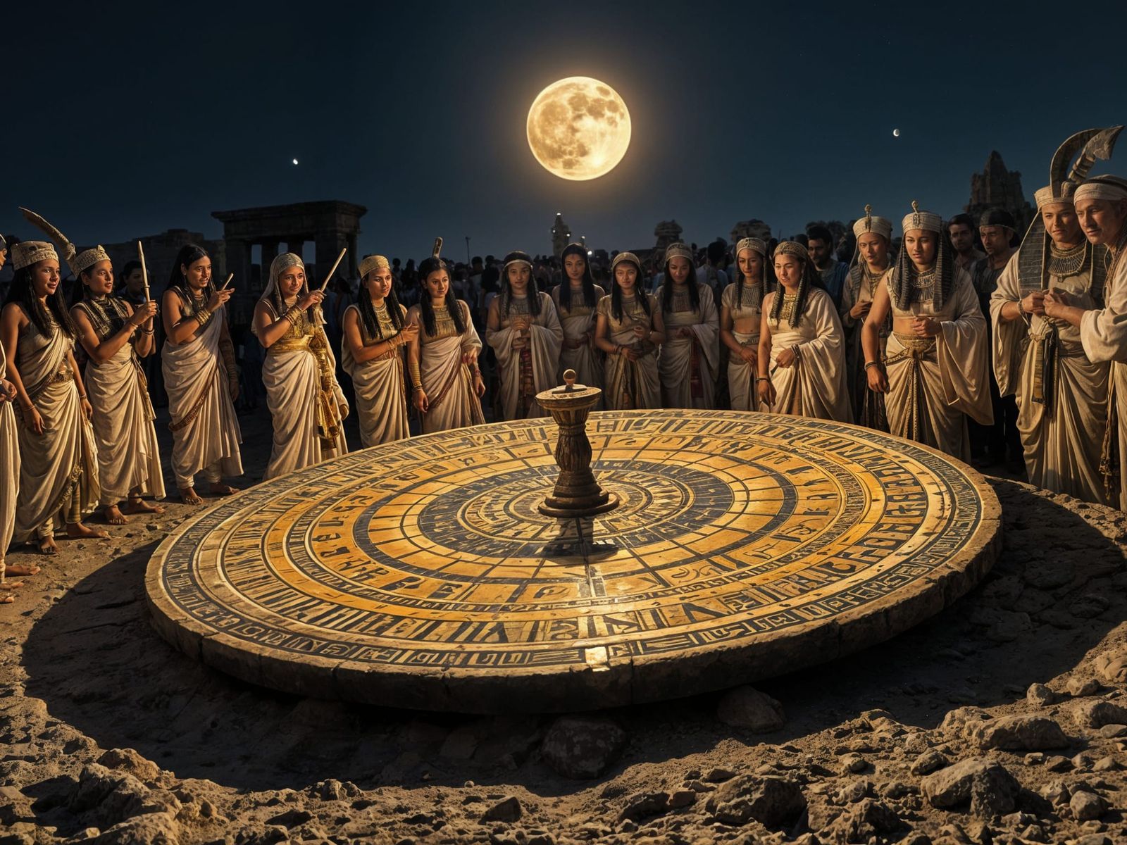 Moonlit Sundial Celebration in Ancient Egyptian Splendor