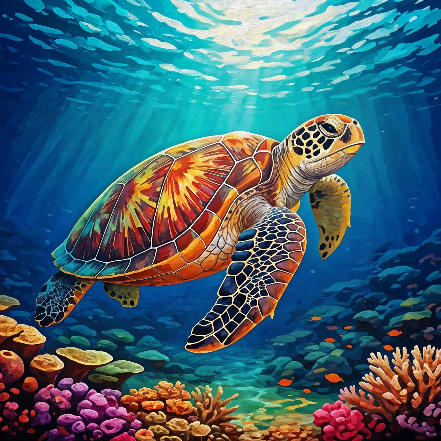 Bizarre Neo-Impressionist Sea Turtle in Coral Reef