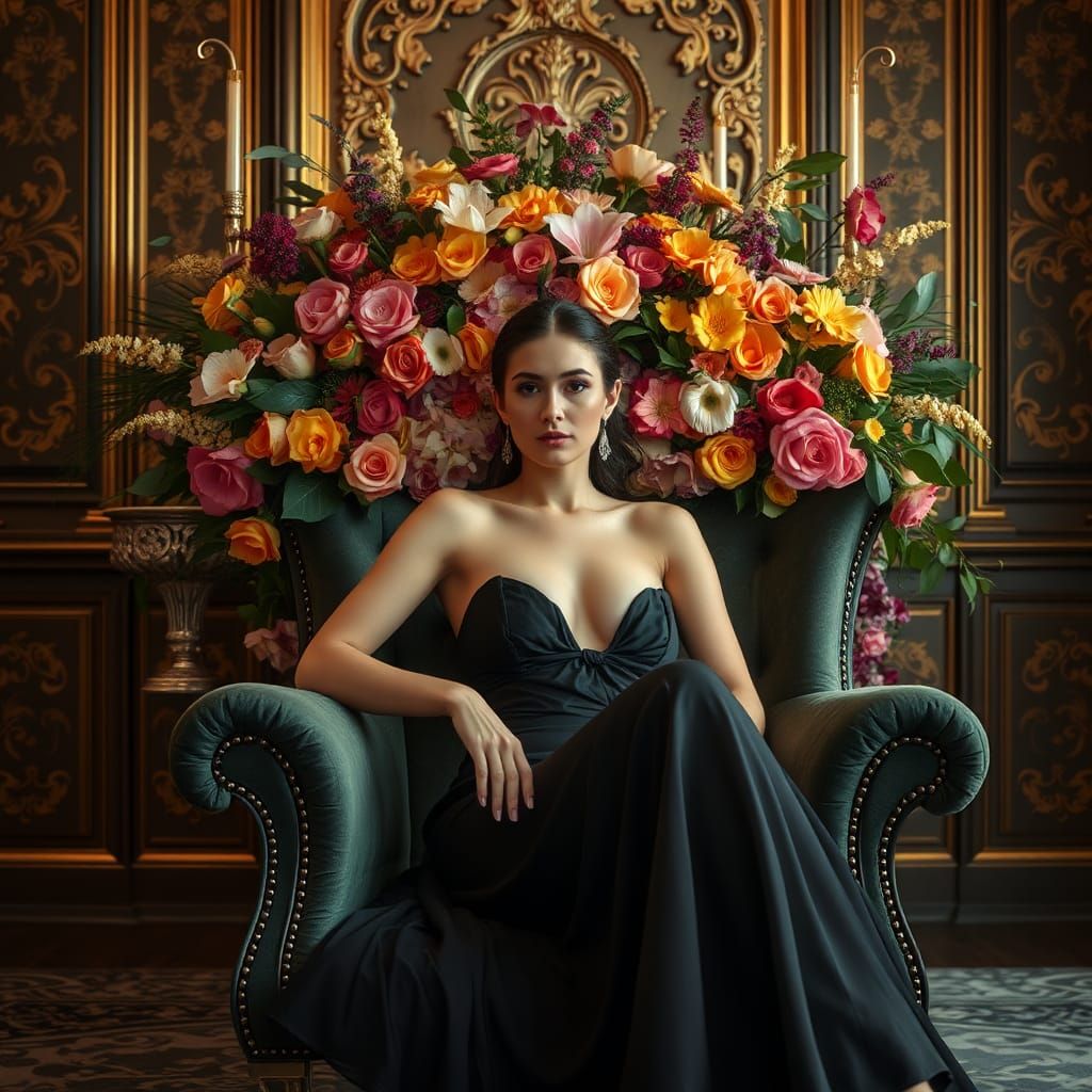Elegant Woman in Floral Room, Opulent Style