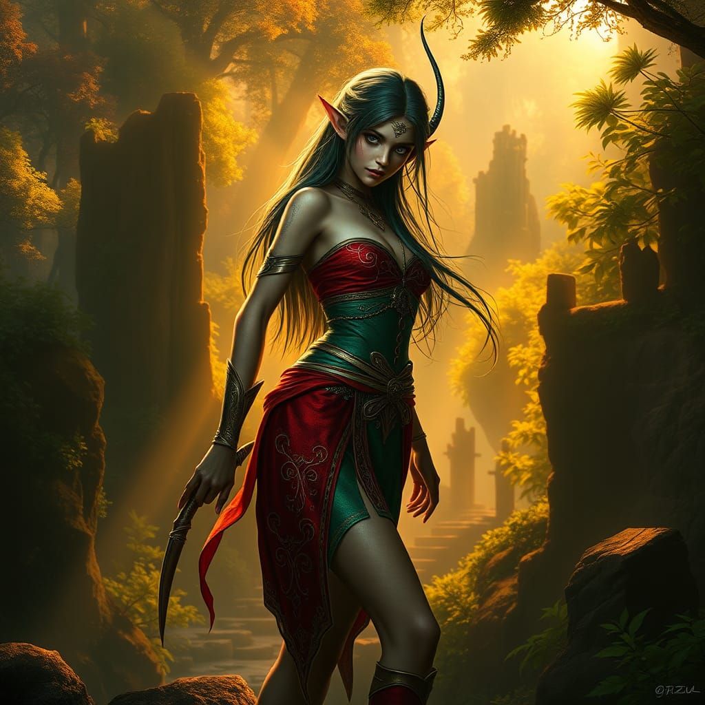 Elf in Crimson and Emerald Forest