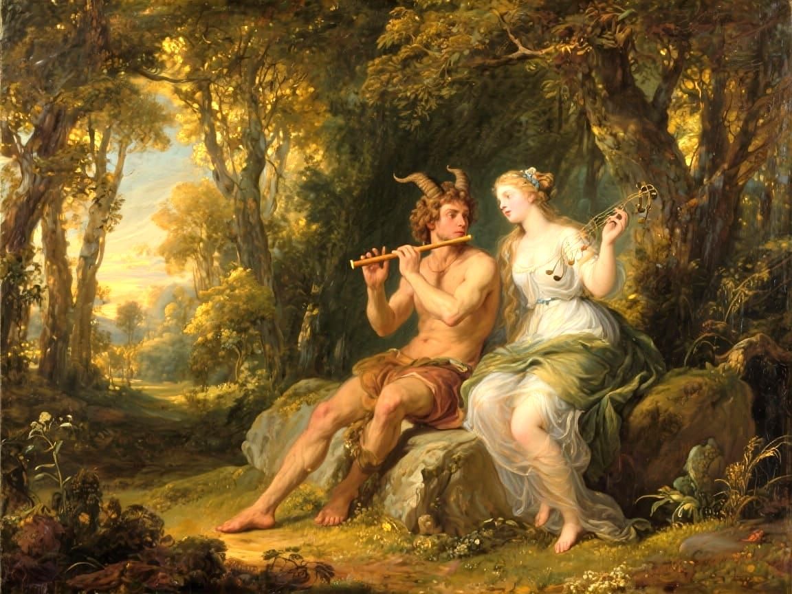 Pan Serenades Nymph Eco in Forest Clearing Oil Painting