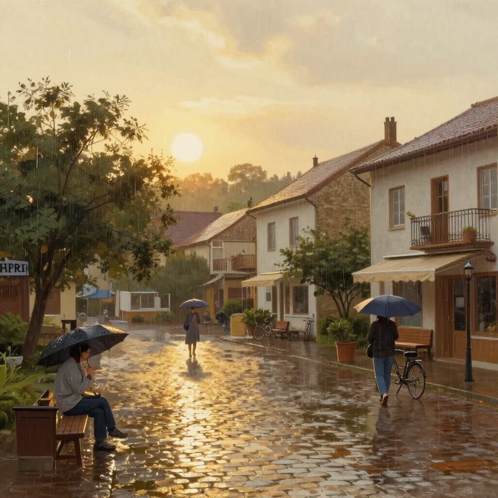 Cozy Village Square in Golden Hour Rain