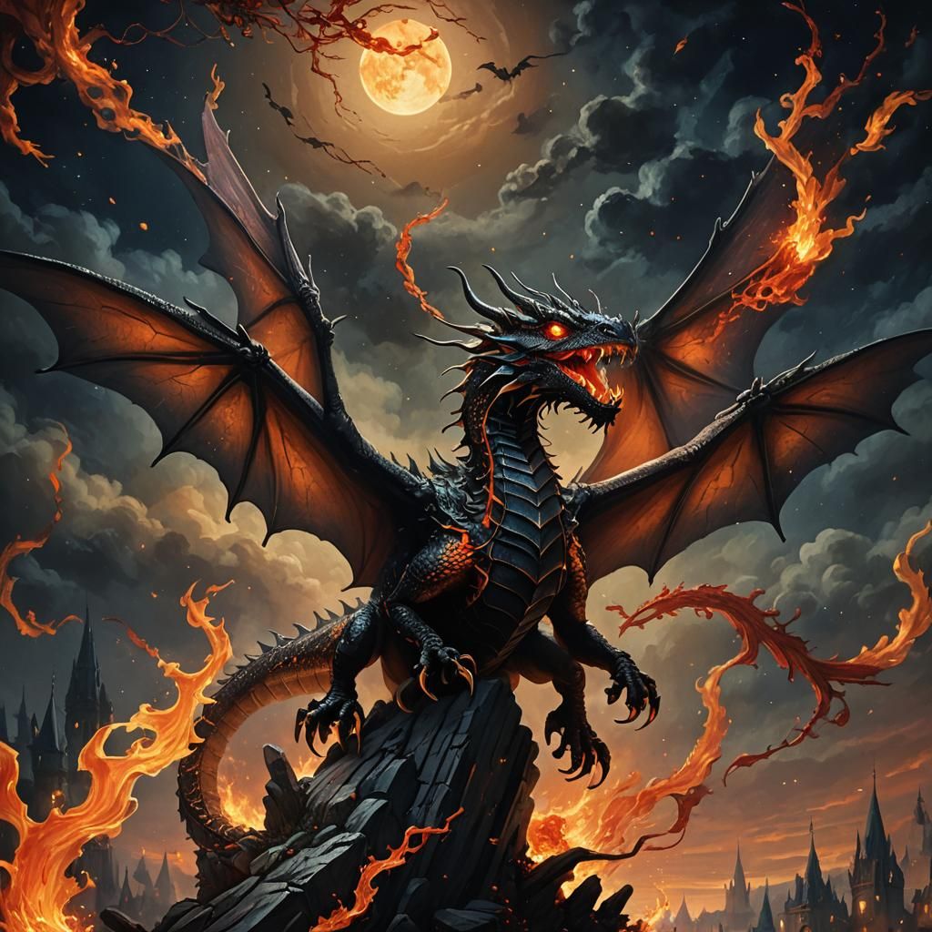 Whimsical Fire Dragon in Eerie Dark Fantasy Art