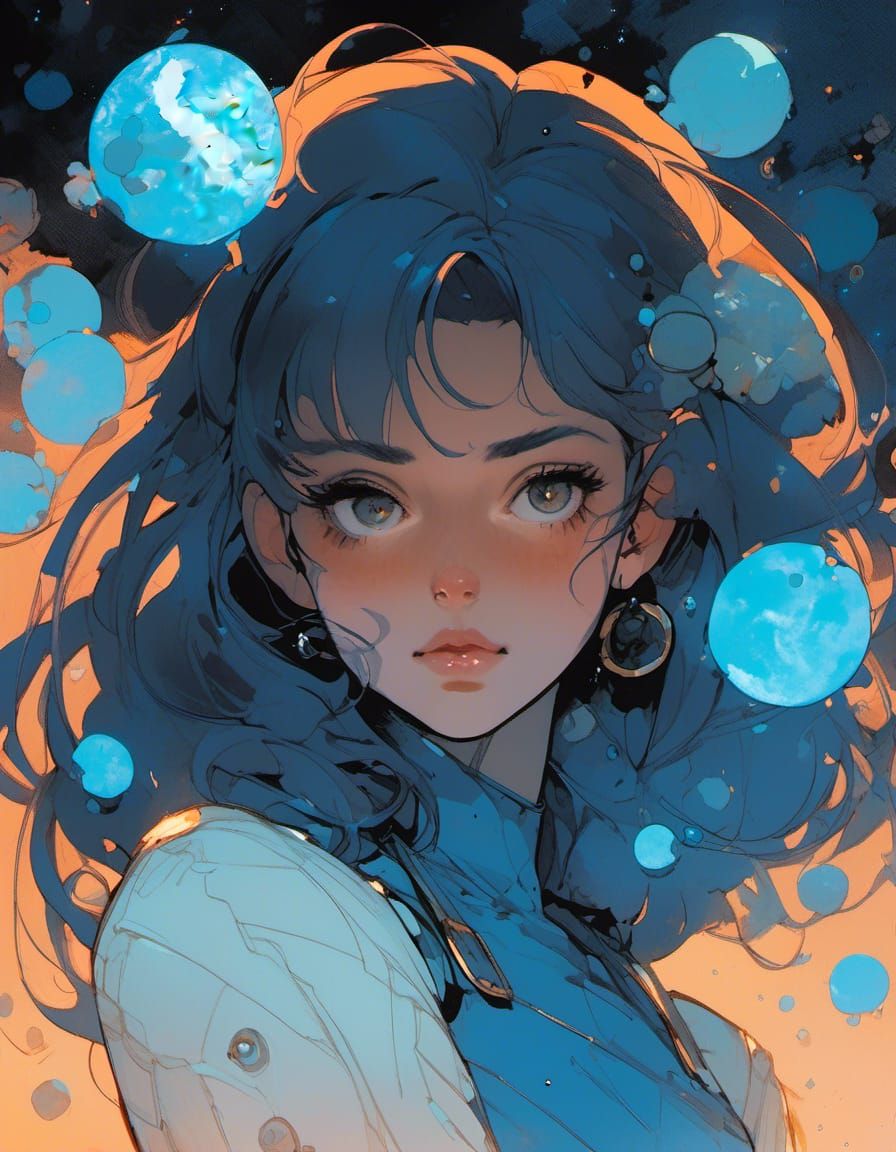 Woman with Planet in Keane-Inspired Cosmic Art