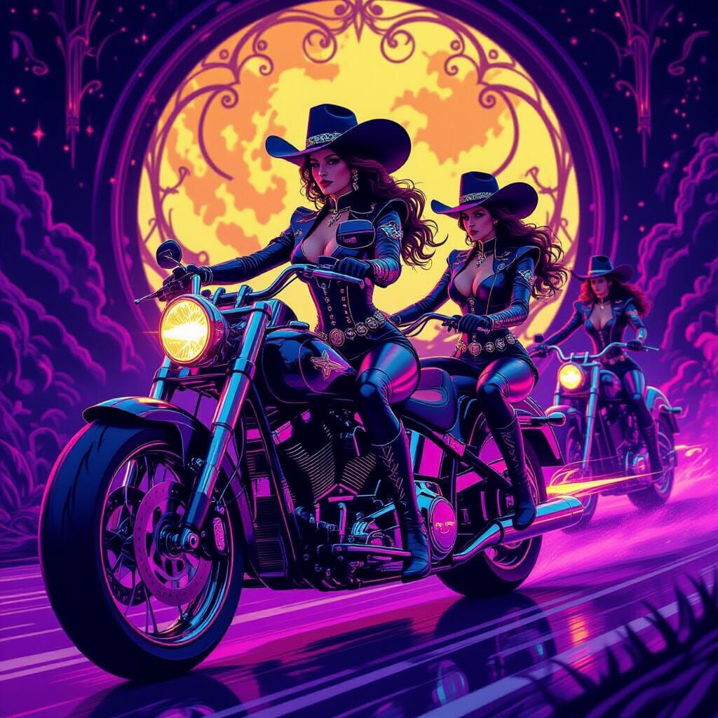 Victorian Space Cowgirls on Neon Motorcycles