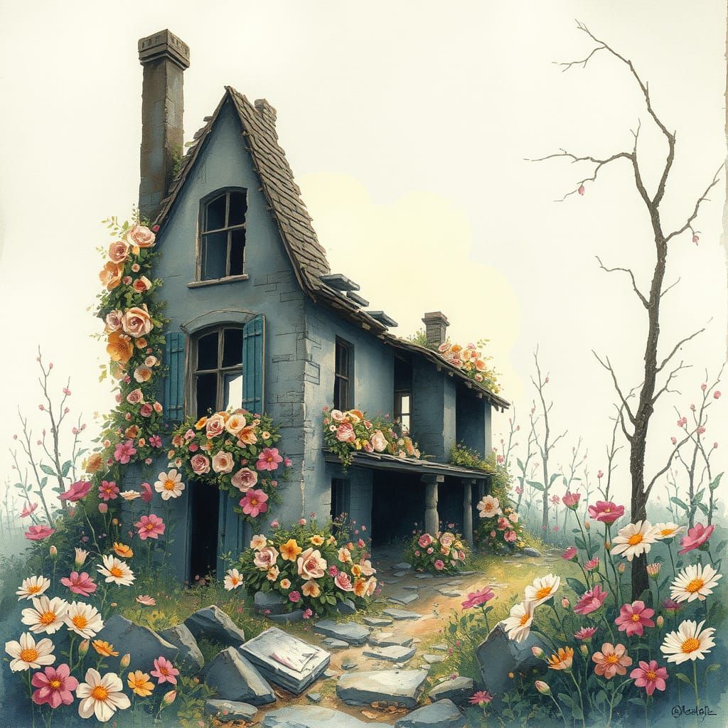 Dreamy Watercolor Ruins Adorned with Pastel Flowers