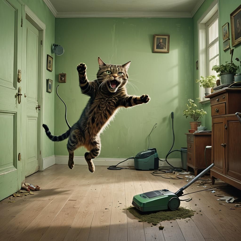 Humorous Cat Attack on Vacuum Cleaner