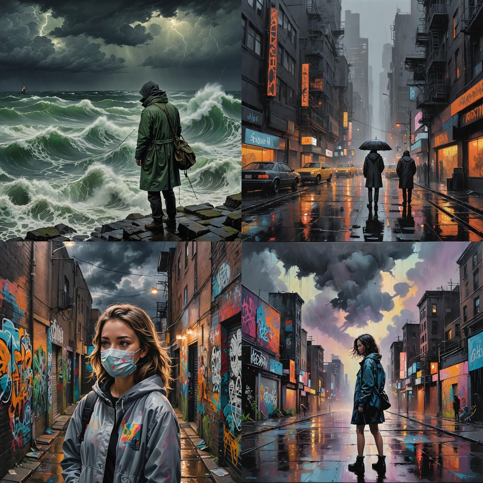 Macabre Graffiti Art with Stormy Skies and Fluorescent Hues