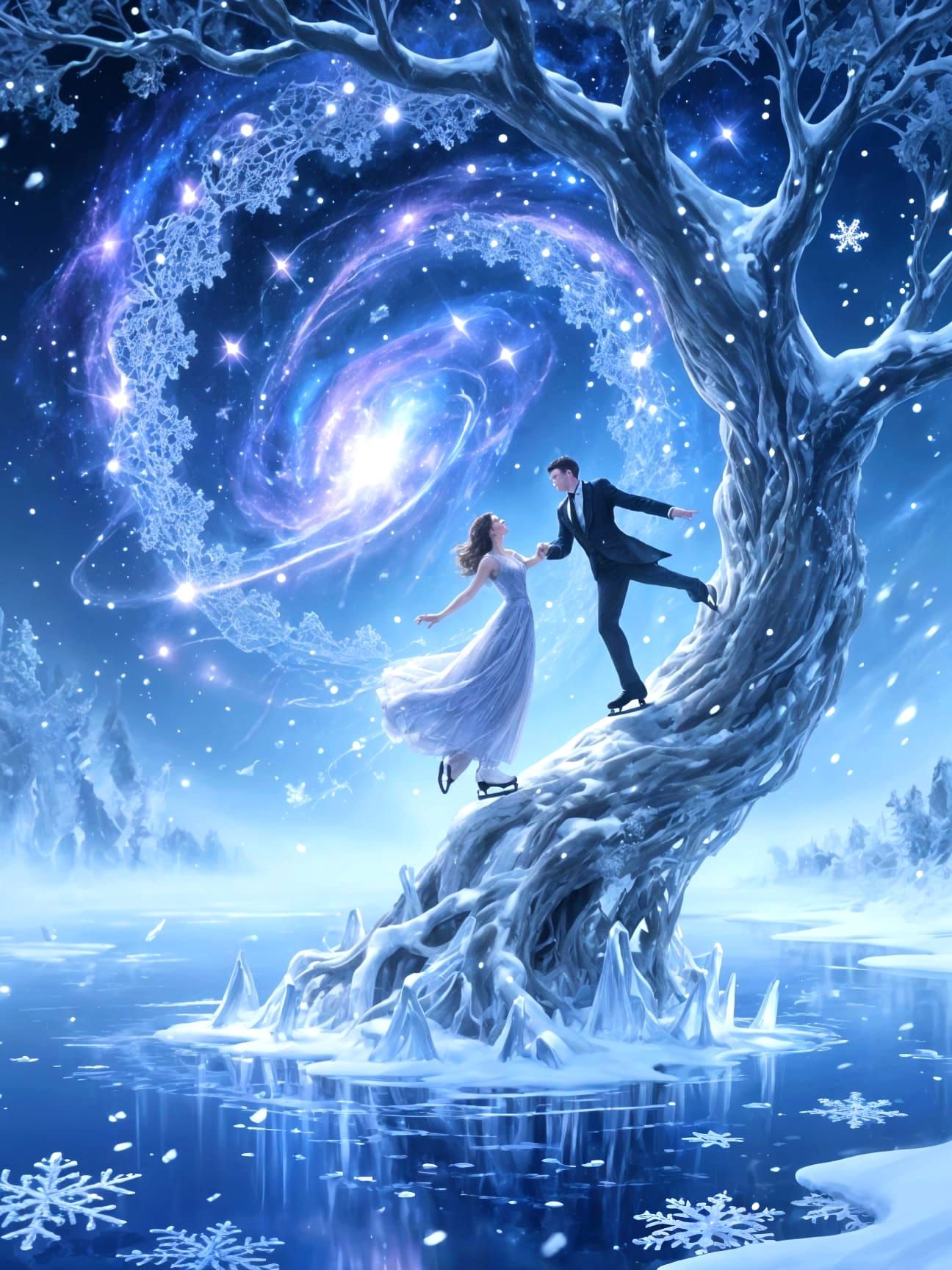 Celestial Ice Skaters on Nebula Tree Lake