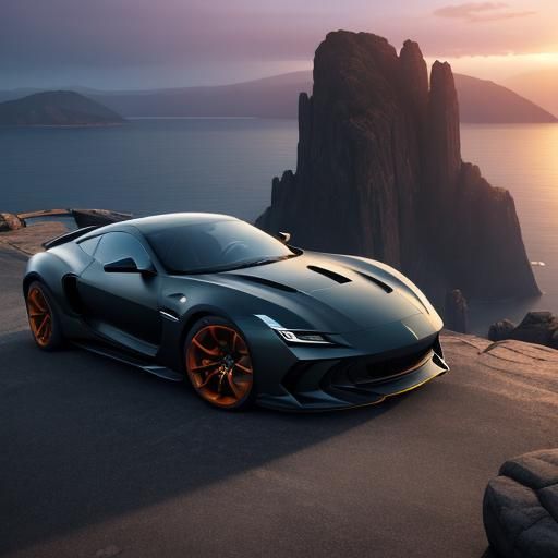 Futuristic Car at Sunset in Fantasy Landscape