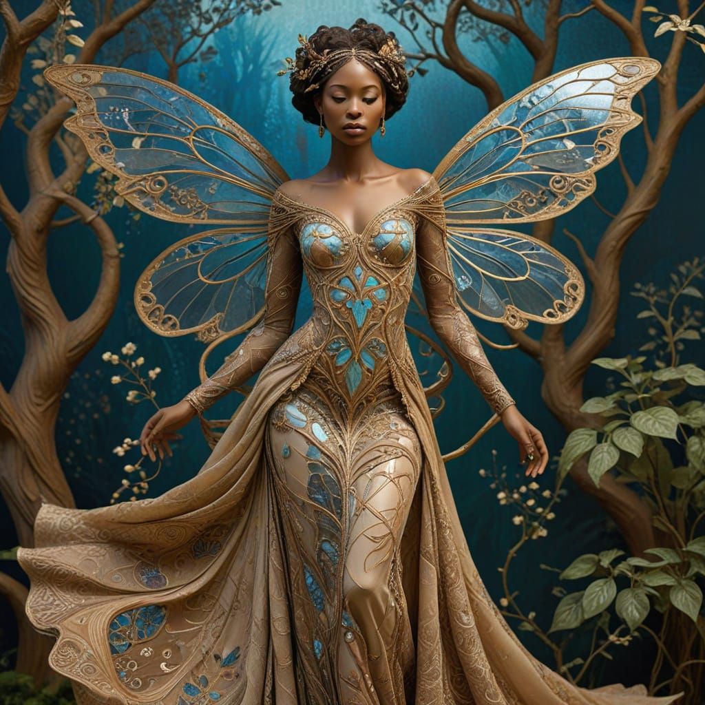 Earthy Fairy Cradles Sapling in Art Nouveau Style