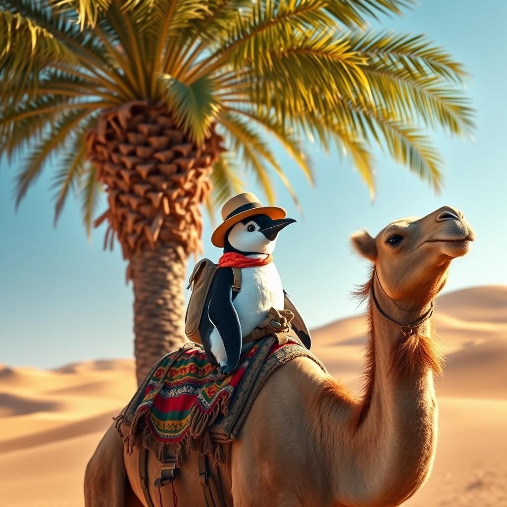 a penguin riding a camel under a palm tree. Funny but emotional. Photorealistic.
