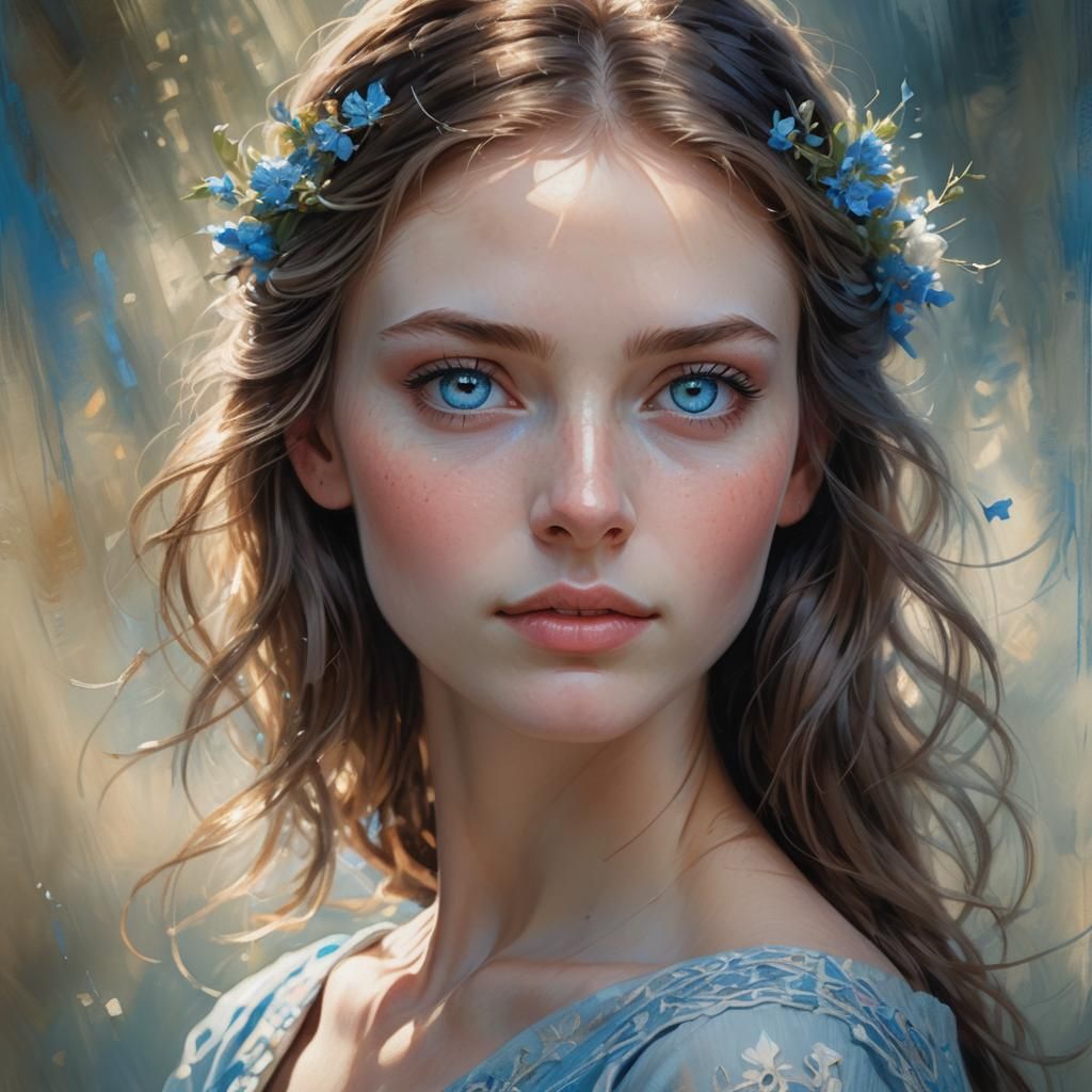Hyperrealistic Portrait of Girl with Radiant Blue Eyes