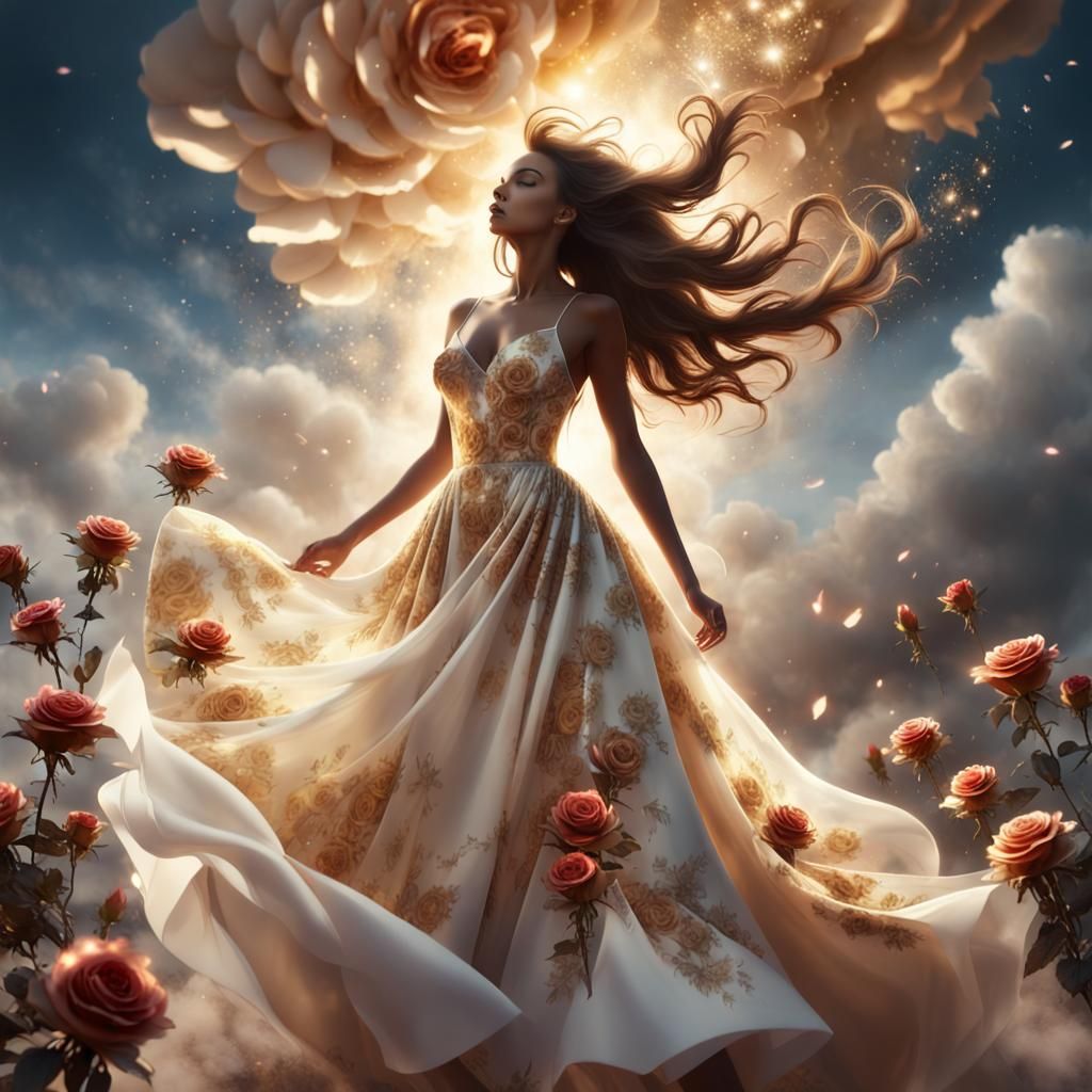 Magical Woman Silhouette in Golden Dress with Roses