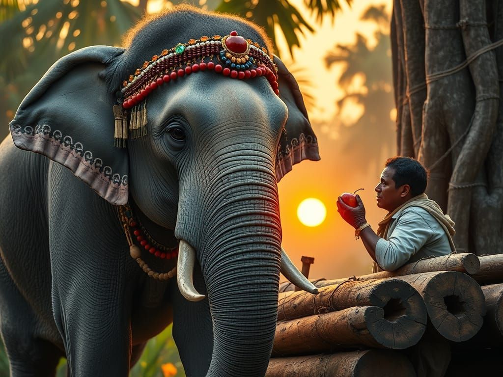 Majestic Asian Elephant in Vibrant Headdress Receives Reward...