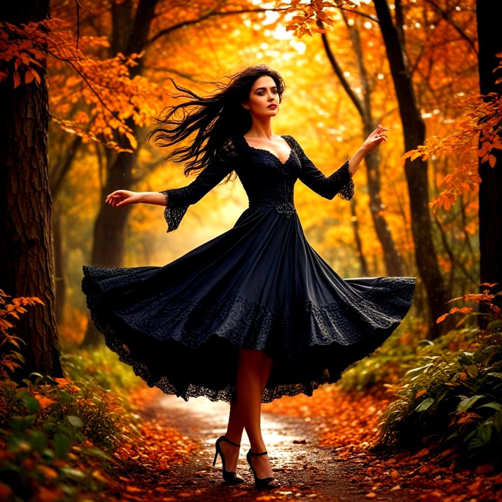 Gothic Woman Dancing in Autumn Rain