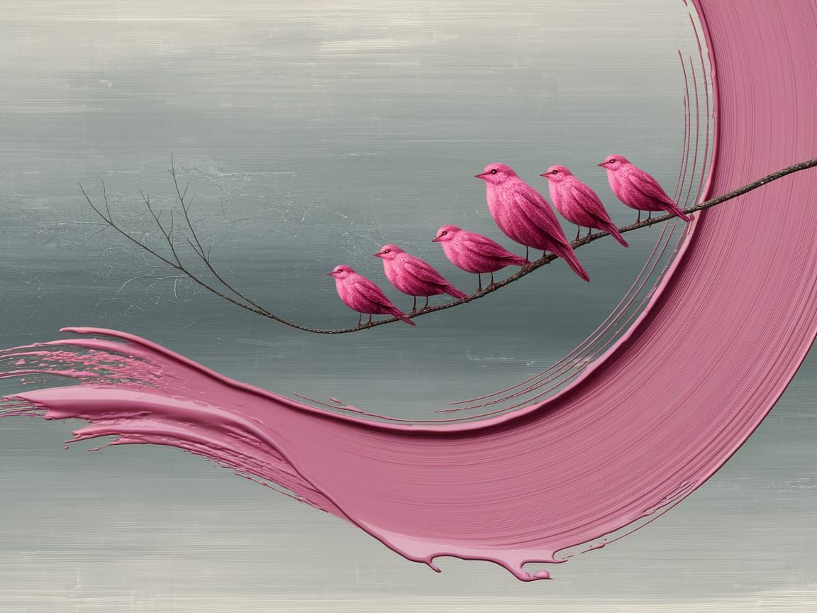 Minimalist Abstract Landscape with Pink Birds, Impressionist...